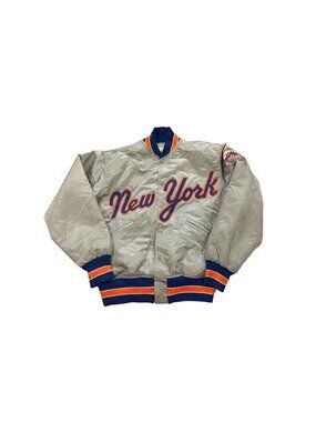 Vintage 80s Felco New York Mets Script Silver MLB Satin Bomber Jacket Medium